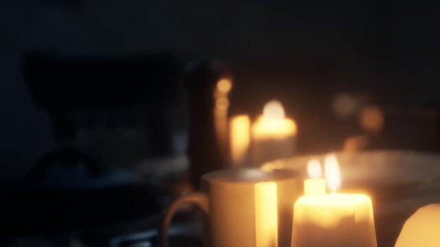 Candles and cups are placed on a table during an evening gathering. The soft light from the candles creates a cozy atmosphere in the room. Friends are likely enjoying time together.