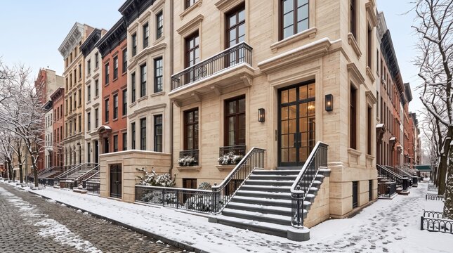 Corner limestone townhouse with balcony and snowy cobblestone street