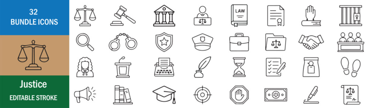 32 Justice Vector Outline Icons Set &ndash; Editable Stroke Legal, Court, Law Enforcement and Judiciary Line Symbols Collection for UI, UX, Web, App and Print