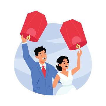 Couple with floating lanterns vector illustration Eps file