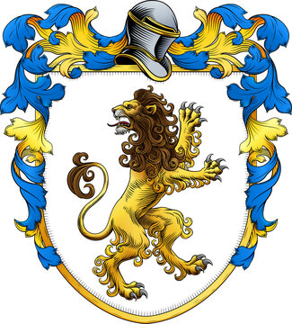 A lion coat of arms or crest family heraldry medieval heraldic knight shield with helmet and acanthus filigree scroll ornament in a vintage woodcut style.