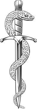 A dagger knife with snake wrapped around it in a vintage woodcut engraved etching tattoo illustration style