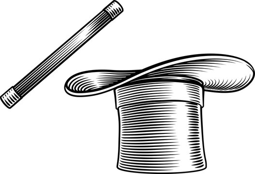 Black and white woodcut illustration of a magician&rsquo;s top hat and wand. Classic engraving style artwork suited for themes of illusion, stage performance, vintage design, or traditional print art.