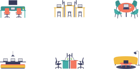 Obraz premium Modern office furniture and desk sets flat style for workspace floor plans