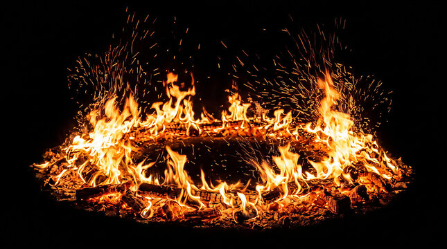Circular fire ring with glowing embers and sparks, burning ring of fire on black background, intense orange flames and flying sparks