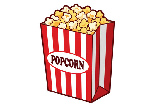 Classic Red and White Striped Popcorn Box Full of Popcorn Vector Illustration