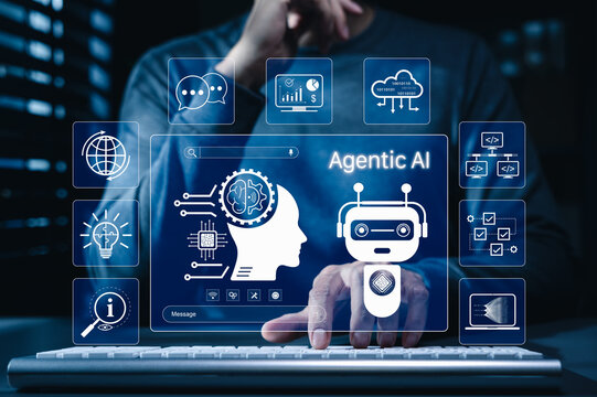 Agentic AI Technology for Intelligent Digital Automation Systems. Man using laptop with robot, brain, agentic AI icons, advanced artificial intelligence, automation, intelligent solutions, modern tech