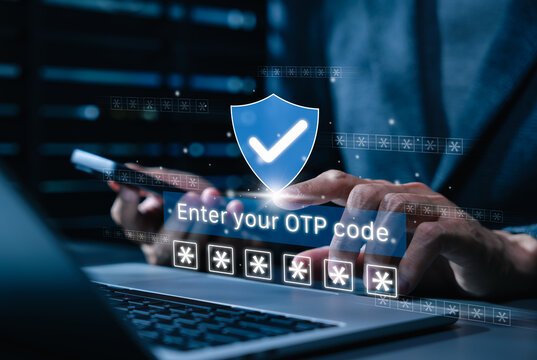 Two-factor authentication and online security concept. Person typing on laptop and OTP code input with password symbols and shield checkmark represent secure login, identity verification process, MFA