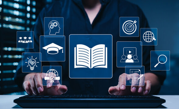 Online education and e-learning digital knowledge platform concept. Student using computer, showing learning icon, open book, graduation cap, target, global network, class video, skill development