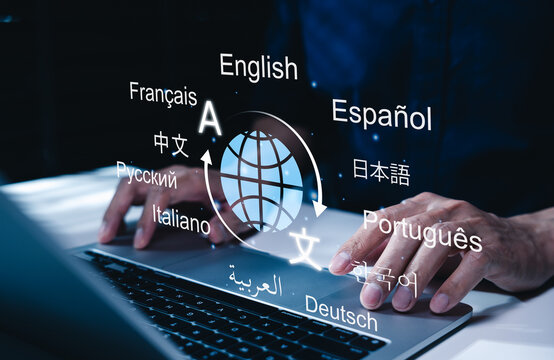 Multilingual translation technology and AI language learning concept. Person typing on laptop with multiple foreign language signs for global communication, dictionary software, international dialogue