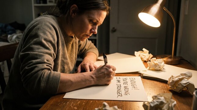A woman writes empowering words on paper under a warm desk lamp. The scene captures a moment of intense self reflection and emotional release. Ideal for mental health and journaling themes.