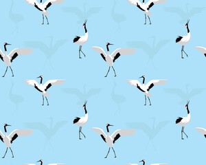 Naklejka premium Red-Crowned Crane Bird Dancing Seamless Pattern Background Wallpaper