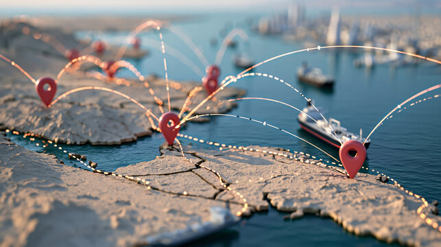 Conceptual illustration of Middle East geopolitical tensions affecting oil markets, Strait of Hormuz shipping route significance in energy industry, with copy space