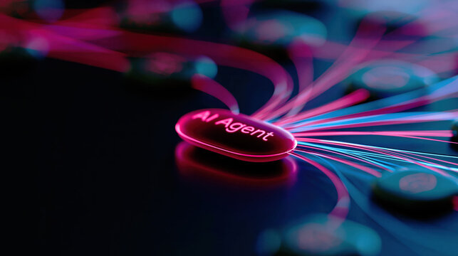 Macro view of glowing artificial intelligence agent node transmitting digital data streams through a complex fiber optic neural network