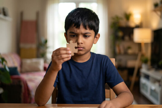 South Asian boy intently examining single wooden jigsaw puzzle piece in sunlit cozy living room home environment