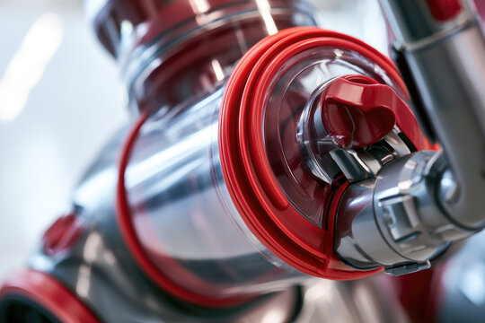 Clear vacuum dust container with red rubber seal and polished latch, close perspective showing ergonomic design, mechanical detail, bright contemporary home hygiene technology