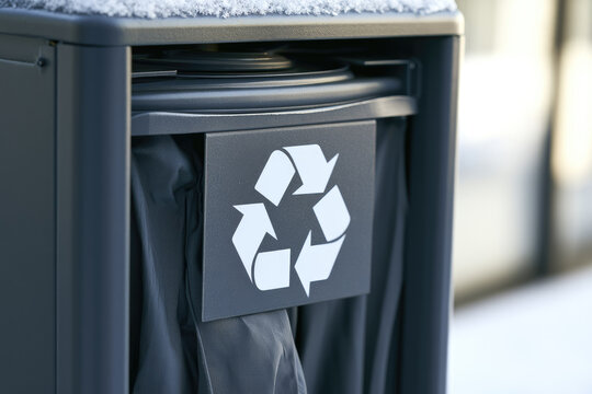 Clothing donation bin with recycling symbol, snow covered metal container and shallow focus in winter setting