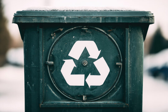 Recycling bin with circular symbol in snowy winter setting, featuring weathered dark metal, clean industrial detail, soft background blur, and sustainable waste collection