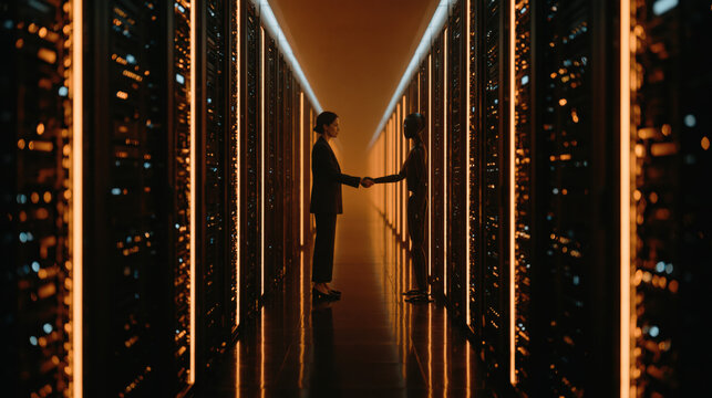 Human and machine collaboration showing businesswoman shaking hands with AI robot inside warm glowing orange server farm