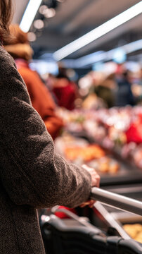 Crowded grocery store holiday shopping scene with headless customer gripping metallic cart handle, vivid retail color and bright lighting creating busy seasonal atmosphere with copy space above
