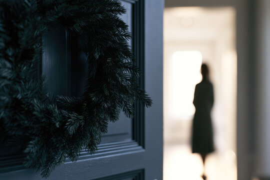Dark evergreen wreath hanging on charcoal door with blurred person in bright hallway, creating quiet seasonal entryway scene with cinematic morning light and negative space