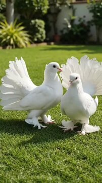 two white doves Two elegant pure white fantail pigeons stand gracefully together side by side upon a lush vibrant green lawn bathed in warm natural sunlight outdoors
