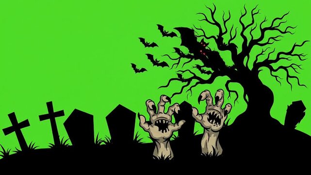 Halloween graveyard background with spooky bats, tombstones, and zombie hands rising up