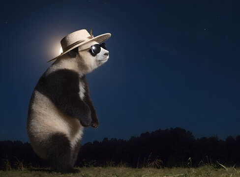 Cool Giant Panda Wearing Sunglasses and Straw Hat Standing Under Full Moon Night Sky