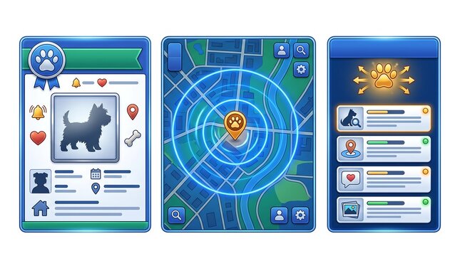 Pet Tracker Mobile App Screens Set With GPS Map Profile And Lost Dog Alert, Symbol of Animal Search Concept