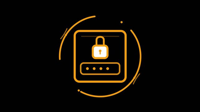 Glowing orange line art icon showing locked password input interface