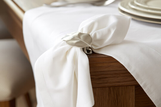 Elegant white napkin secured by silver leaf ring on wooden dining table, creating refined place setting detail with soft natural light and gentle focus