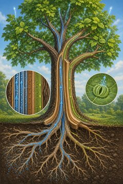 Cross section diagram of tree vascular system showing water and sugar transport. Educational botany illustration of xylem phloem roots and leaf stomata