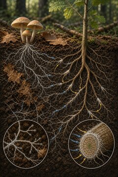 Underground mycorrhizal mycelium network and plant root cross section. Educational illustration of symbiotic fungal association and nutrient exchange