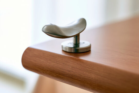 Ergonomic stainless steel furniture handle rounded wooden surface with brushed metal detail and soft natural light, photographed from close perspective with shallow focus for clean modern interior