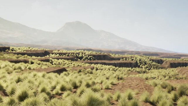 Grass covers the ground in a rural area with a mountain in the background. Trees are scattered throughout the landscape under a clear sky. The scene shows details of nature.