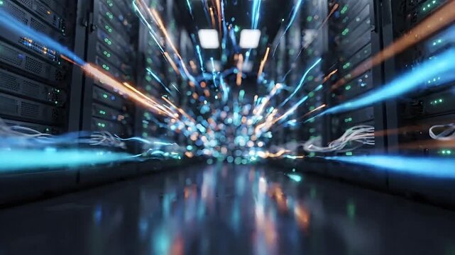 Camera moving through server aisle in data center