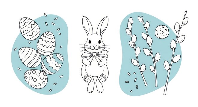 Cute Easter Bunny with Decorated Eggs and Pussy Willow Branches, Hand-Drawn Line Art Illustration