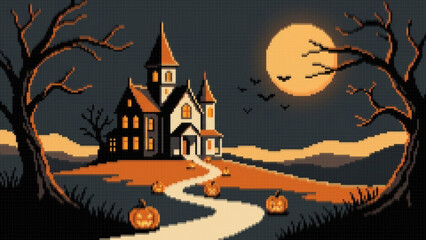 Fototapeta premium Pixel Art Haunted House At Night With Full Moon And Pumpkins, Spooky Halloween Haunted House Pixel Art With Moon And Glowing Pumpkins