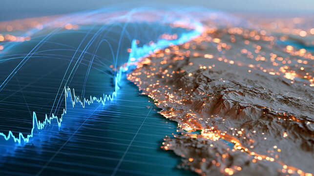 Geopolitical tension in Middle East region causing oil prices to fluctuate on stock market, conceptual illustration of energy market volatility, Strait of Hormuz shipping lane