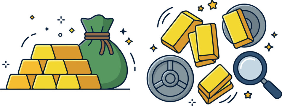 Gold bars and money bag vector illustration set for banking finance and wealth investment