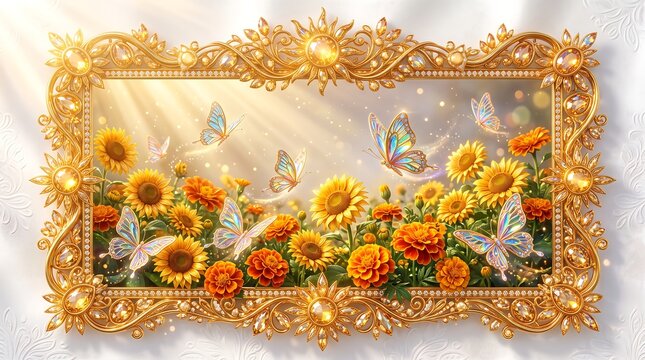3D Vibrant Butterfly Garden Scene with Blooming Sunflowers and Bright Floral Arrangement in a Decorative Frame, Captivating Nature-Inspired Artwork...
