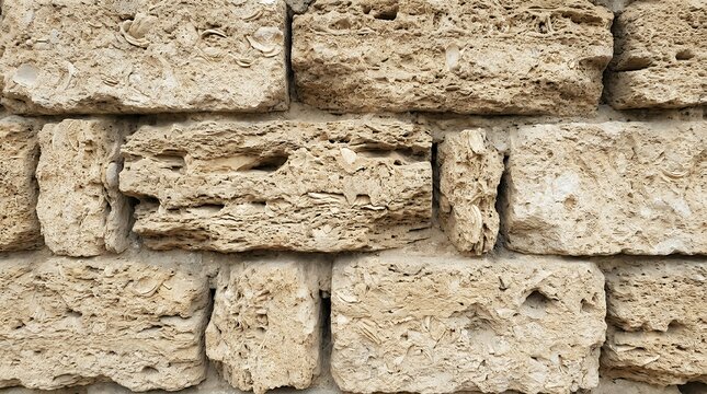 Porous Shell Rock Wall Surface Showing Natural Textured Layers Rugged Limestone Brick Construction Background shell rock wall limestone texture porous stone rugged wall natural rock brick texture