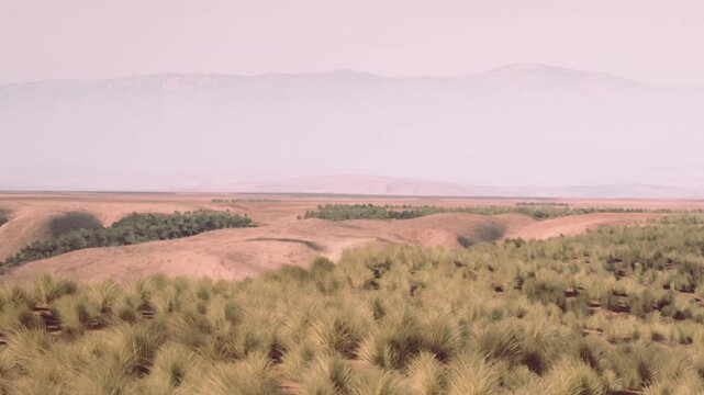Rolling hills covered in grass and patches of trees under a clear sky. The location appears to be a rural area with distant mountains in the background.