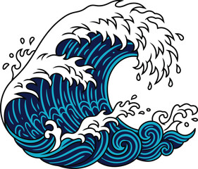 Fototapeta premium Japanese style ocean wave drawing with blue water and white foam spray