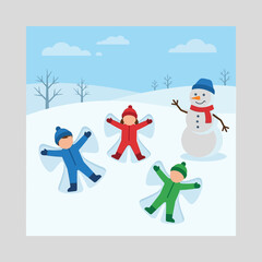 Naklejka premium Flat vector illustration of three children in winter gear making snow angels outdoors beside a smiling snowman with a red scarf and blue hat on a bright, snowy winter day.