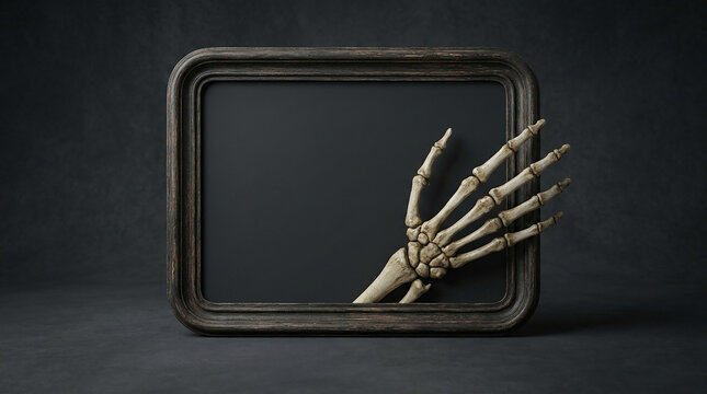 Artificial skeleton hand reaching out of a dark empty picture frame on black