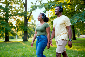 Fototapeta premium African American young adult couple walking through park while listening with wireless headphones, representing active lifestyle and wellness. Ideal for fitness, audio tech, mental health marketing