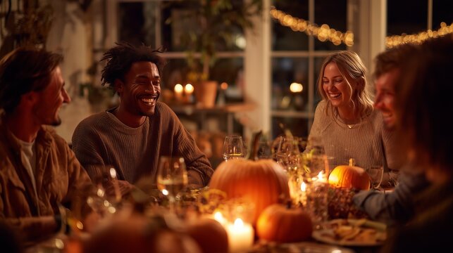 Group of Diverse Friends Laughing and Enjoying Autumn Dinner Party