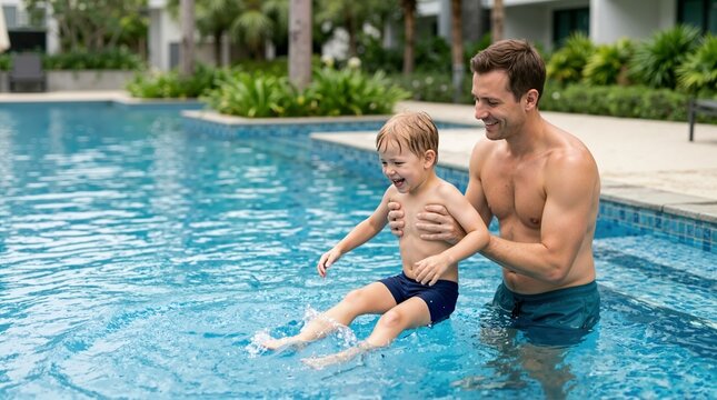 Father teaching son to swim in outdoor pool. Man supporting happy boy splashing in swimming pool