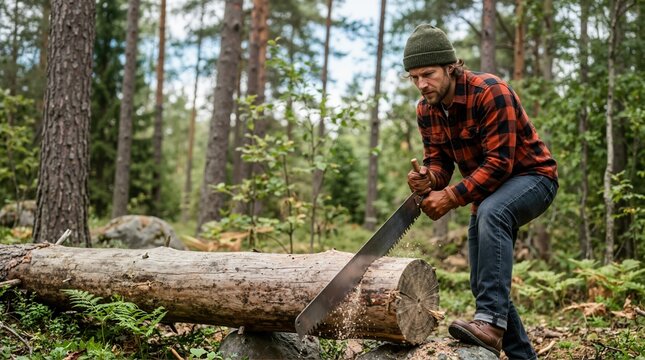 Lumberjack sawing tree log with hand saw in forest. Man cutting fallen wooden trunk with crosscut saw